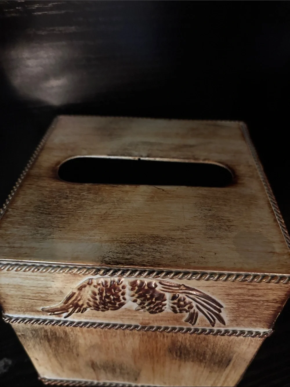 Decorative Winged Tissue Box Cover - Distressed Brown Metal